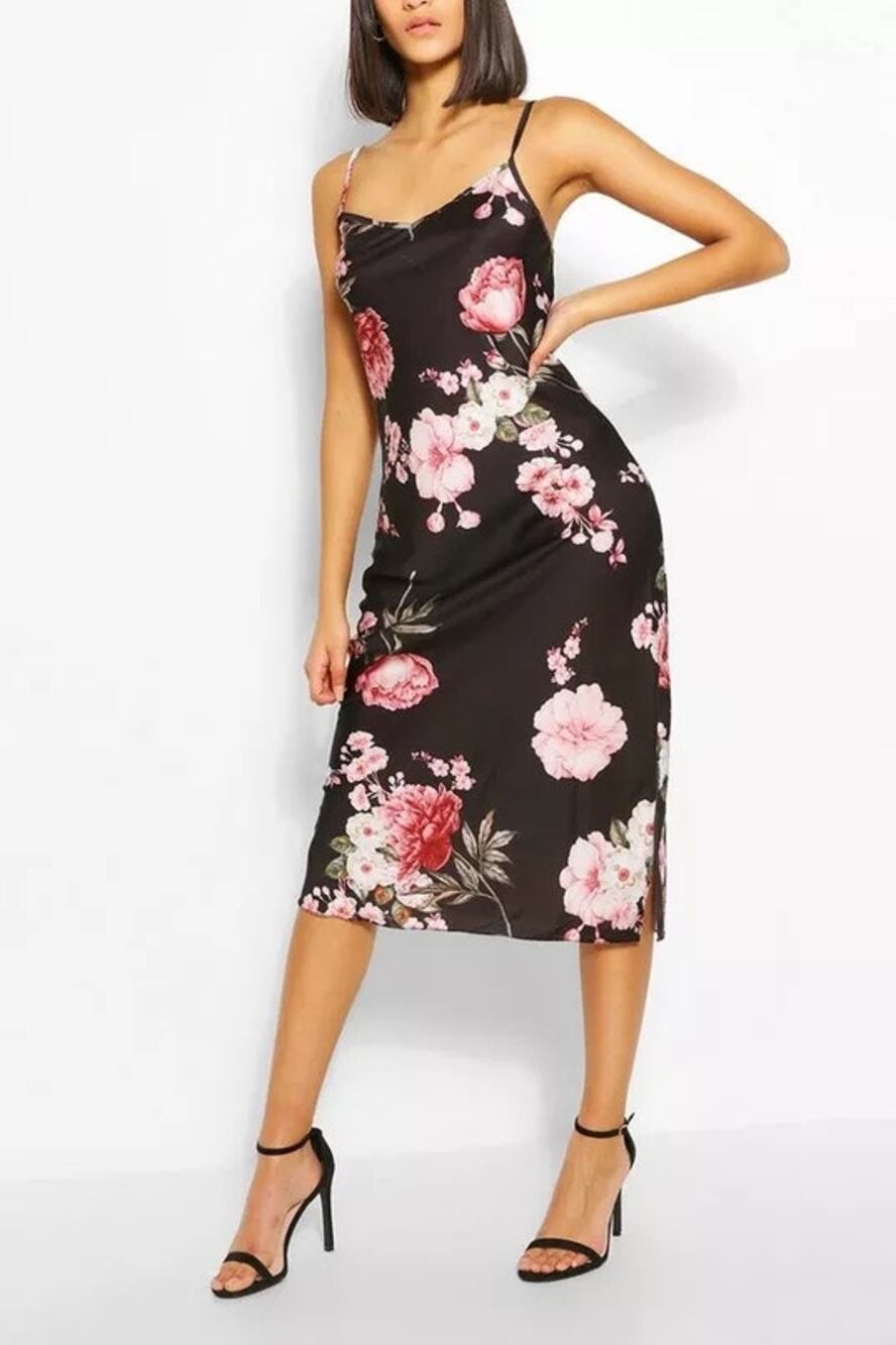 Boohoo Satin Women's Black Floral Print Sleeveless Cami Camisole Midi Dress 12